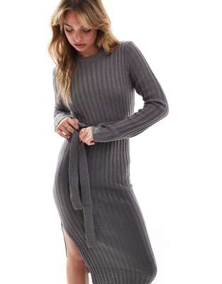 Thumbnail - Brave Soul - Midi-Strickkleid in Anthrazit mit Gürtel und Schlitz-Grau