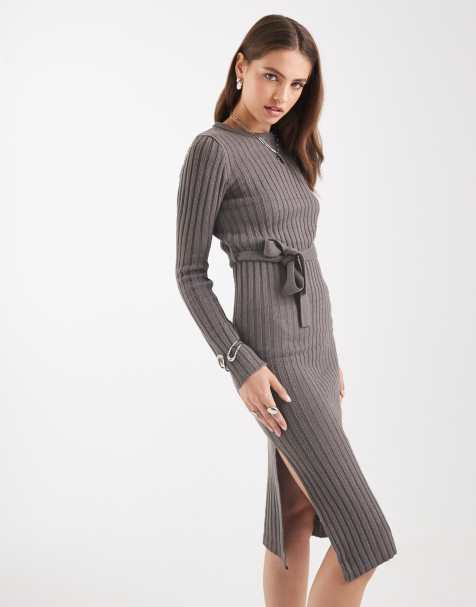 Brave Soul midi sweater dress with belt tie in charcoal gray - view 1