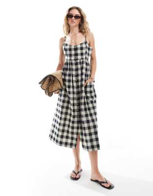 Brave Soul - Midi-Trägerkleid in Schwarz mit Vichy-Karos und Knopfleiste