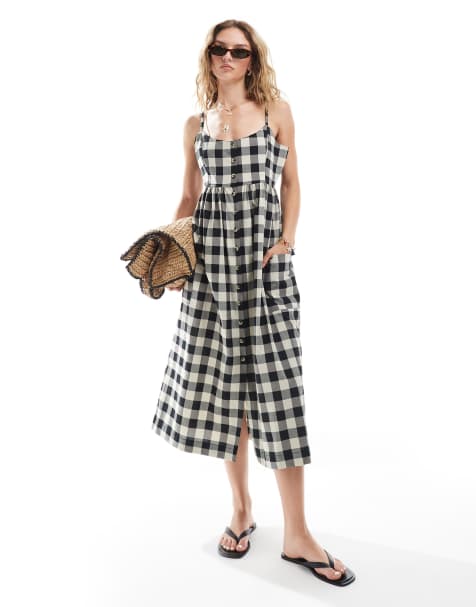 Brave Soul – Midi-Trägerkleid in Schwarz mit Vichy-Karos und Knopfleiste - view 1