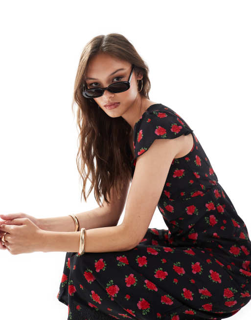 Brave Soul midi wrap front dress with floral print in black and red, 2 of 4