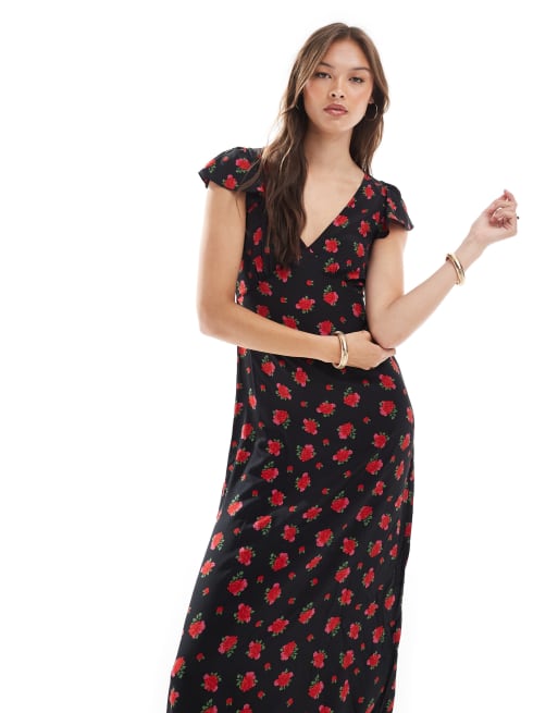 Brave Soul midi wrap front dress with floral print in black and red, 3 of 4