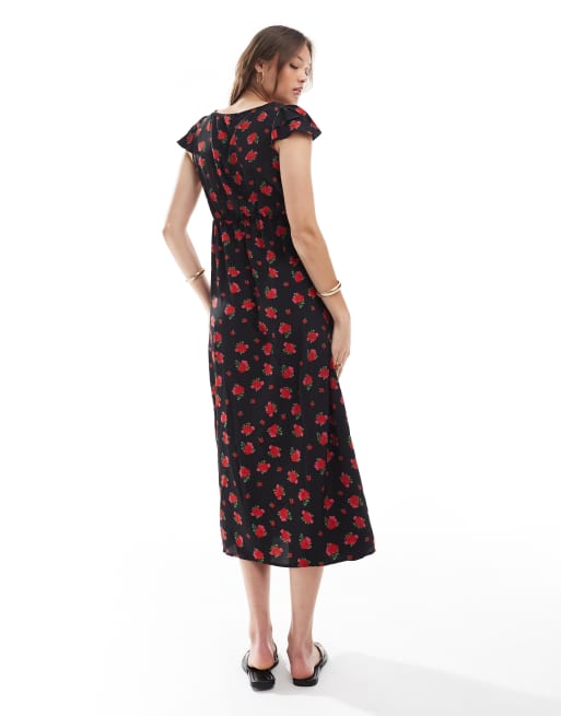 Brave Soul midi wrap front dress with floral print in black and red, 4 of 4