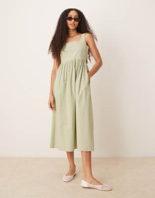 Brave Soul - Midikleid in Salbeigrün mit hohem Baumwollanteil und quadratischem Ausschnitt