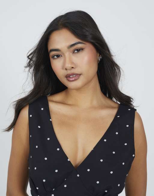 Brave Soul Midikleid mit Blumenmuster, V-Ausschnitt und schrägem Schnitt in Schwarz, 3 von 3