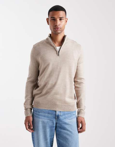 Brave Soul midweight knit quarter zip jumper in beige - view 1