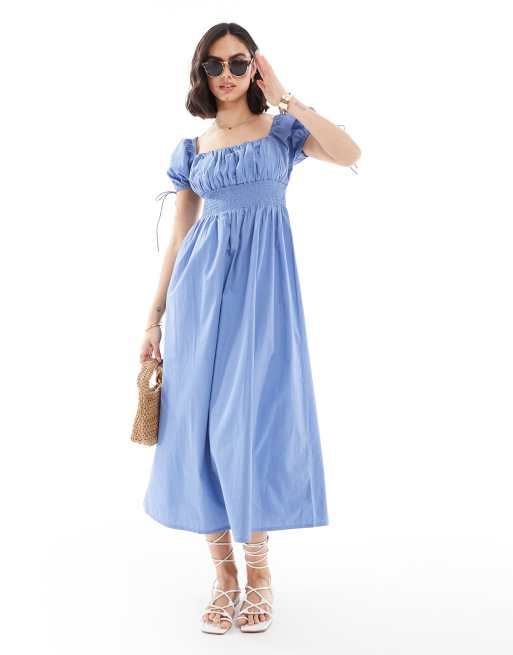 Brave Soul milkmaid puff sleeve dress in blue