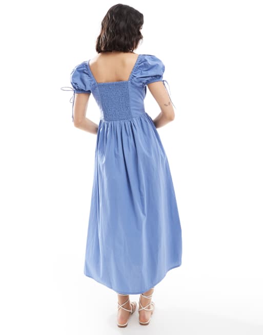 Brave Soul milkmaid puff sleeve dress in blue