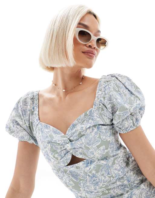 Brave Soul milkmaid puff sleeve linen blend mini dress in green floral  print | ASOS