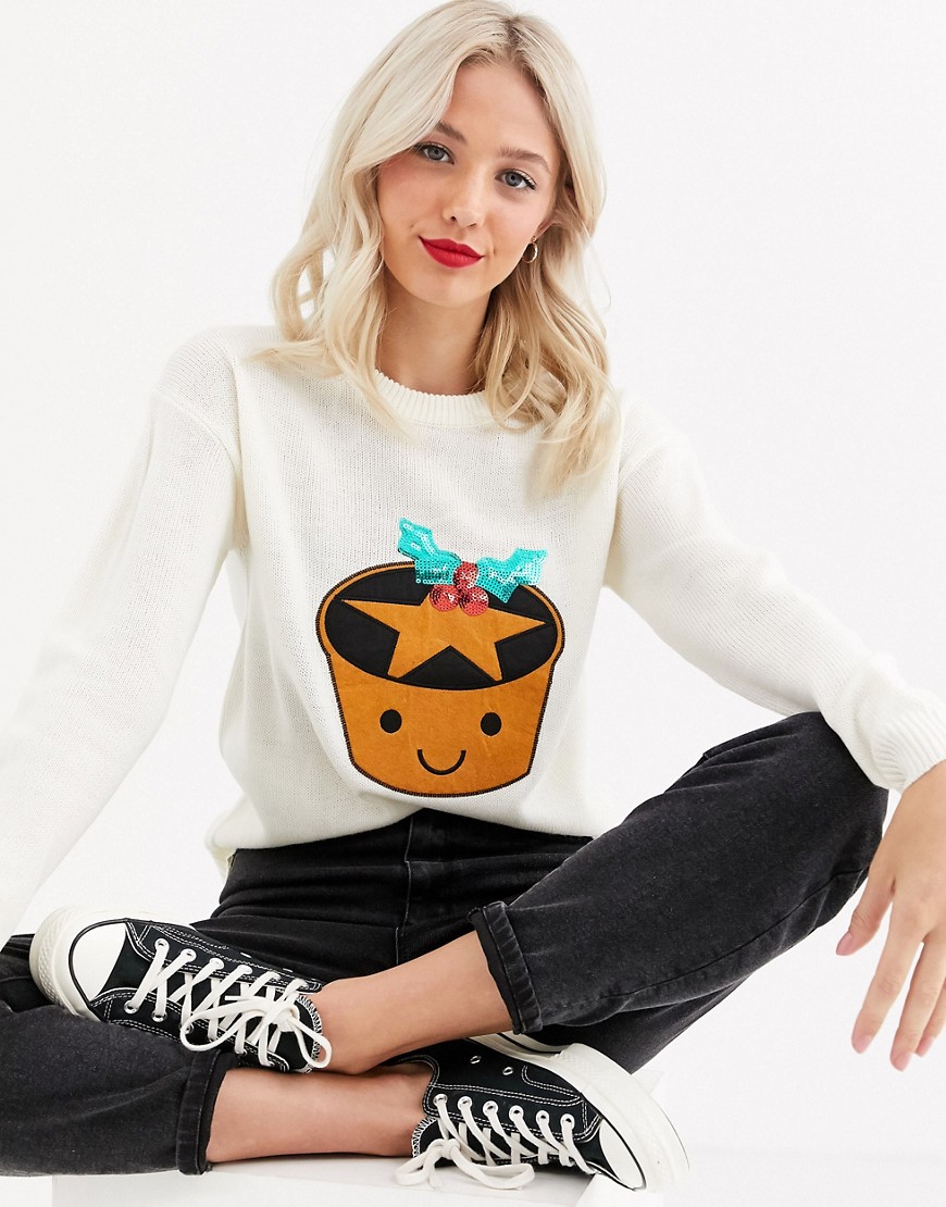 Brave Soul mince pie christmas jumper with sequin detail-Cream