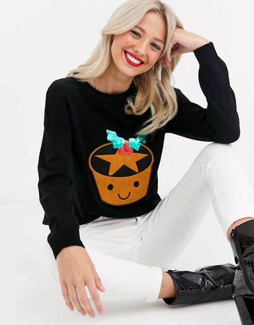 Brave Soul mince pie christmas jumper with sequin detail