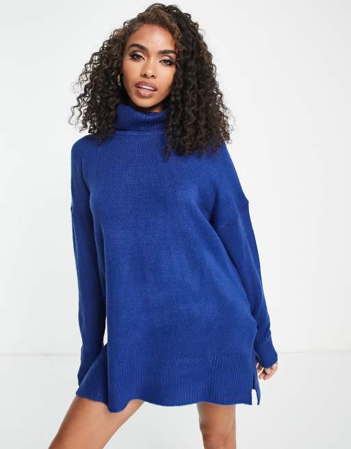 Brave Soul ming knitted roll neck jumper dress in blue ASOS