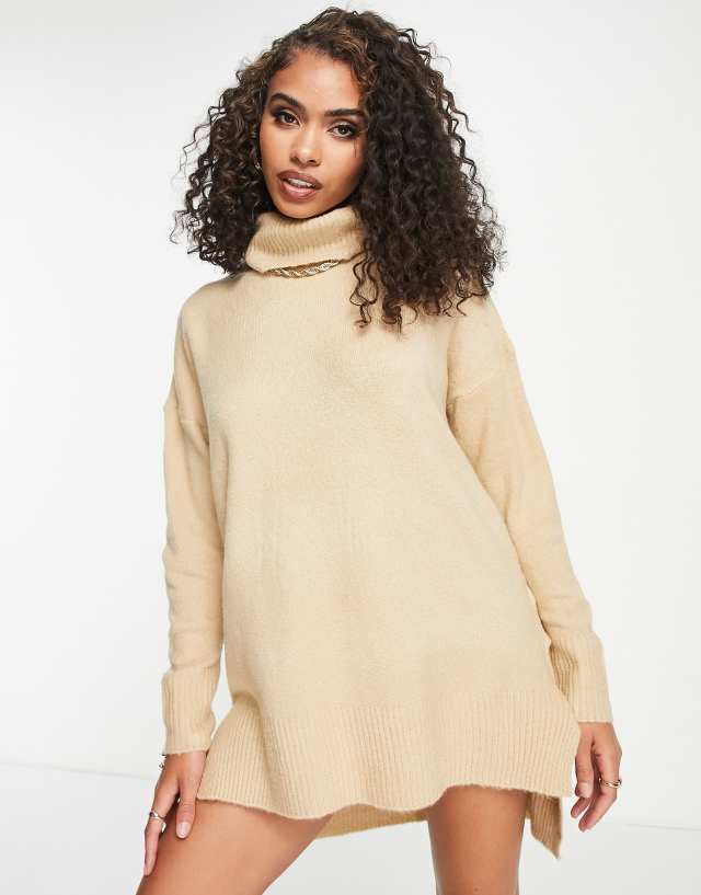 Brave Soul ming knitted roll neck sweater dress in beige