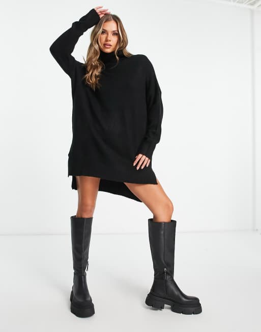 Black Roll Neck Knit Sweater Dress, Knitwear