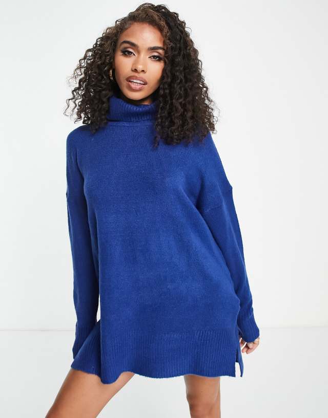 Brave Soul ming knitted roll neck sweater dress in blue