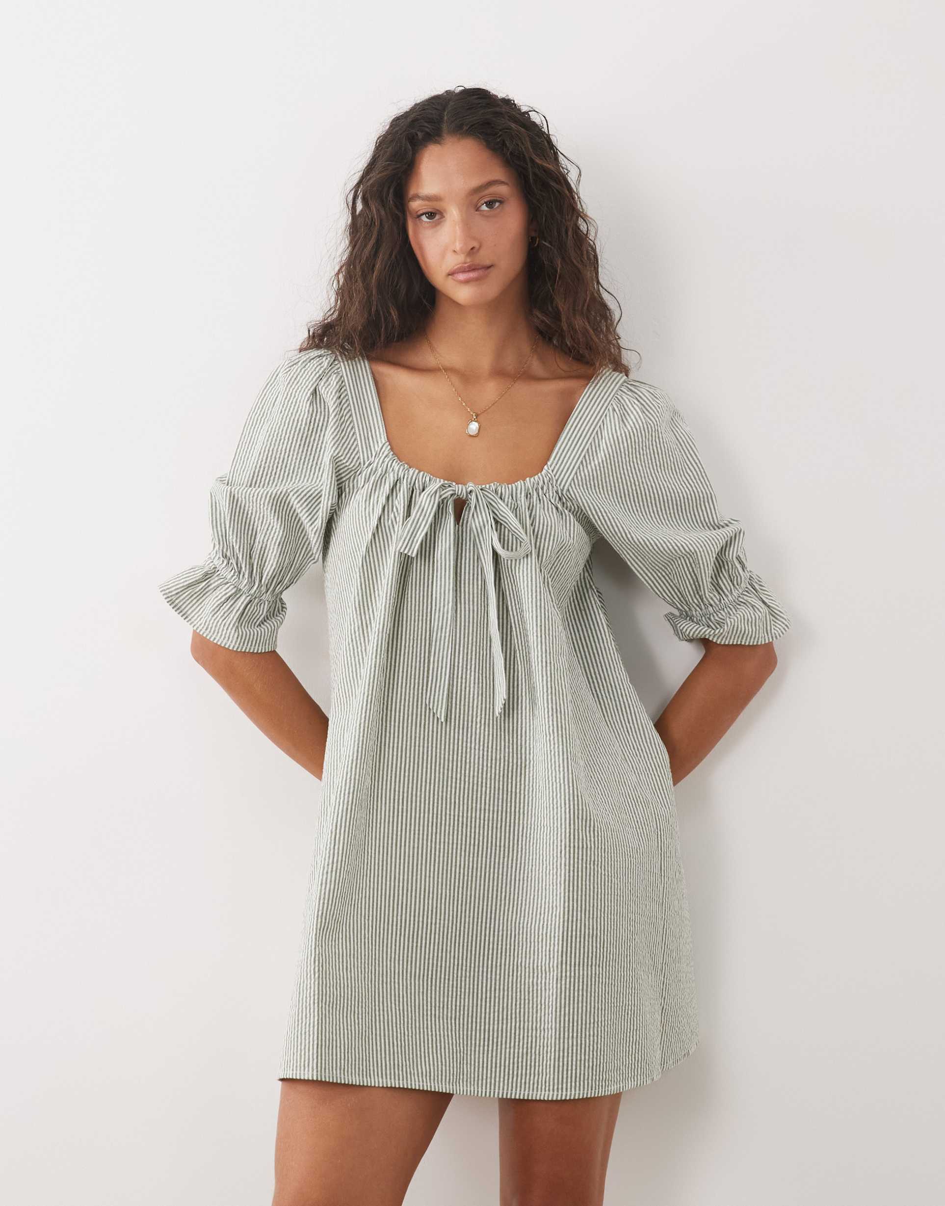 brave soul mini dress with puff sleeves in green and white stripes