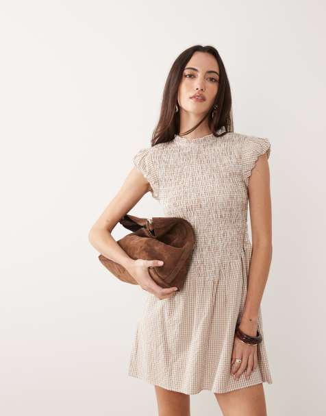 Brave Soul - Mini jurk met gingham ruit, gerimpeld lijfje en ruches aan de mouwen in bruin - view 1