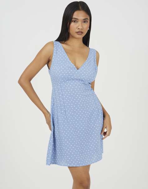 Brave Soul mini jurk met polkadot, V-hals en plooien in blauw - view 1
