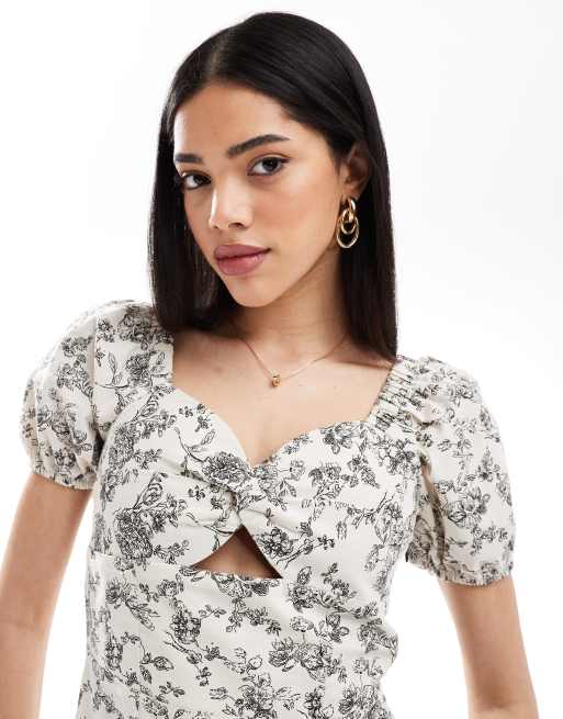 Brave Soul – Mini-Milchmädchenkleid in Weiß mit Leinenanteil, Blumenmuster und Puffärmeln, 3 von 4