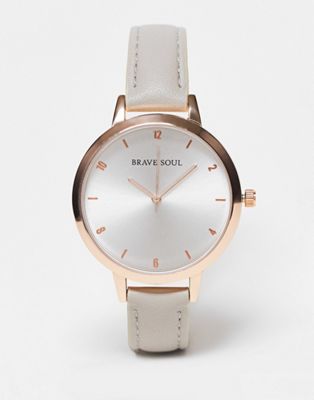 Brave Soul minimal faux leather strap watch in grey and rose gold