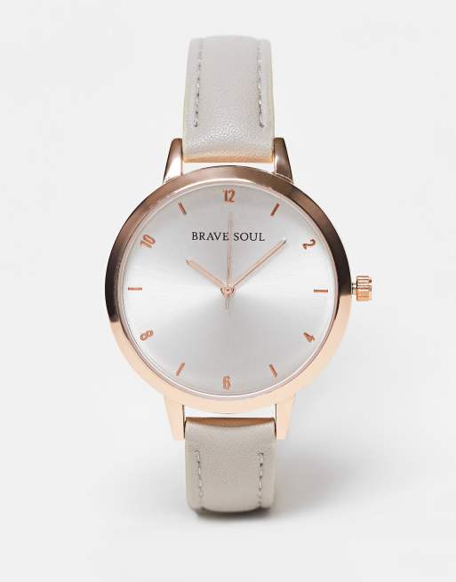 Brave Soul - Minimalistisch horloge met bandje van imitatieleer in grijs en roségoud