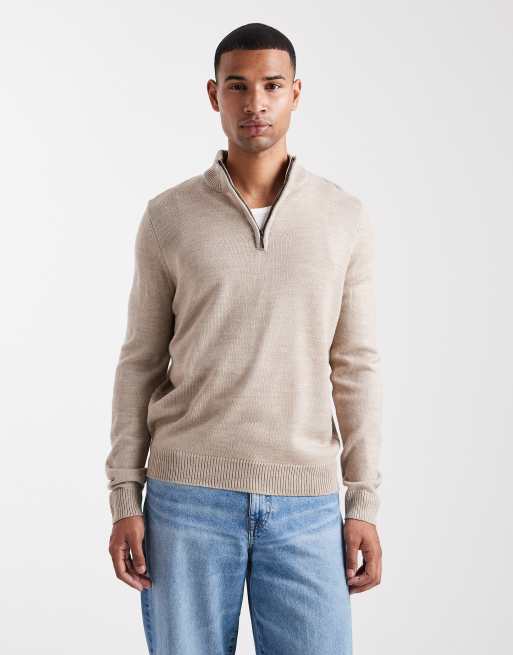 Brave Soul – Mittelschwerer Strickpullover in Beige mit kurzem Reißverschluss