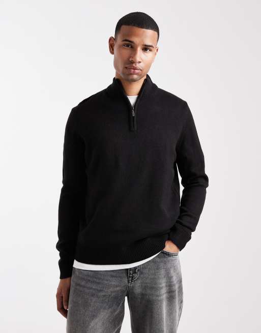 Brave Soul – Mittelschwerer Strickpullover in Schwarz mit kurzem Reißverschluss