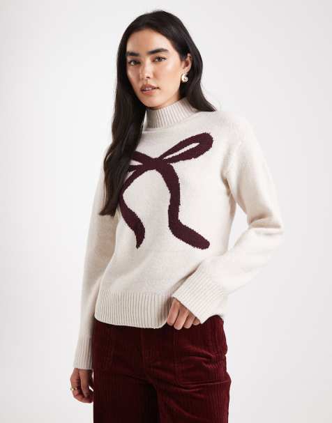 Brave Soul mock neck jumper with bow print in cream - view 1