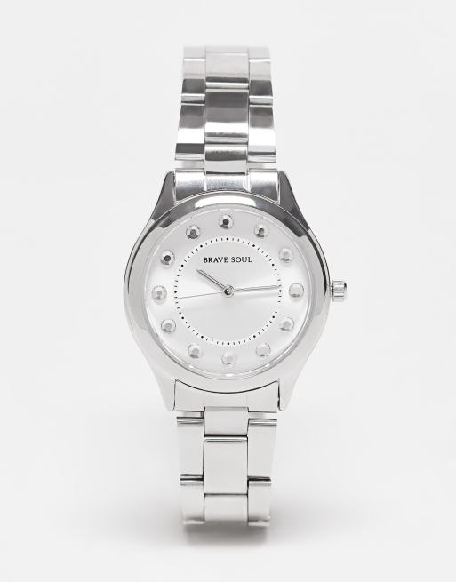 Brave Soul - Montre bracelet à maillons épais avec cadran à strass - Argenté