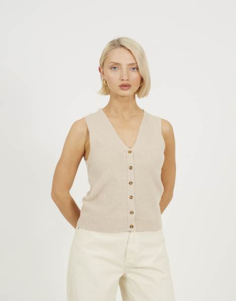 Brave Soul Mossy yarn v-neck knitted waistcoat in beige