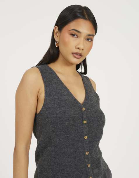 Brave Soul Mossy yarn v-neck knitted waistcoat in charcoal