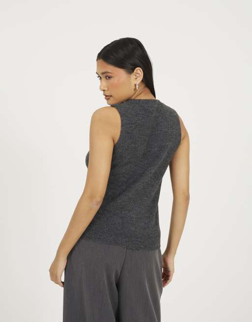 Brave Soul Mossy yarn v-neck knitted waistcoat in charcoal, 2 of 4