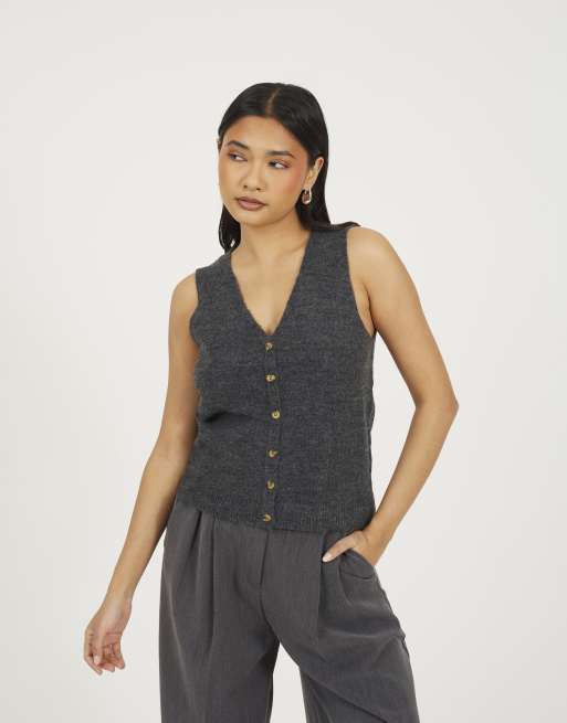 Brave Soul Mossy yarn v-neck knitted waistcoat in charcoal, 4 of 4