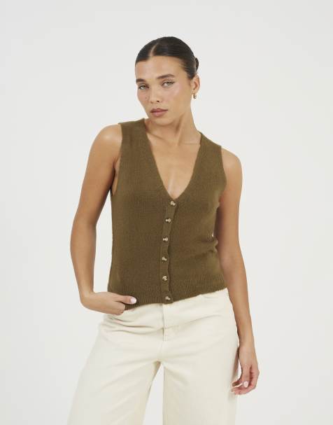 Brave Soul Mossy yarn v-neck knitted waistcoat in khaki