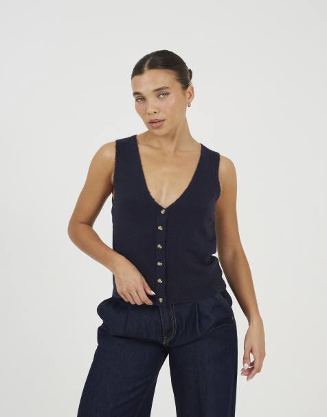 Brave Soul Mossy yarn v-neck knitted waistcoat in navy - view 1