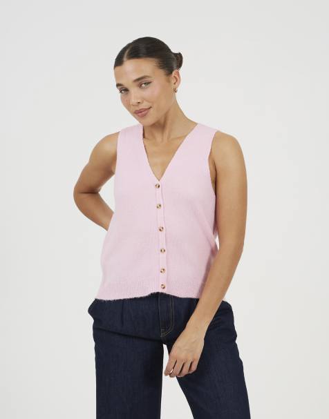 Brave Soul Mossy yarn v-neck knitted waistcoat in pink