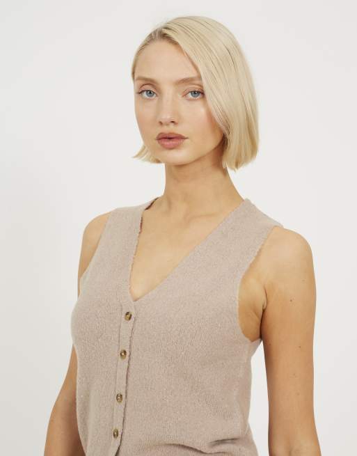 Brave Soul Mossy yarn v-neck knitted waistcoat in taupe