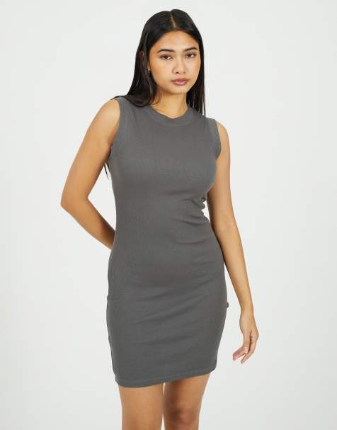 Brave Soul - Mouwloze bodycon mini jurk van geribbelde jersey in grijs - view 1