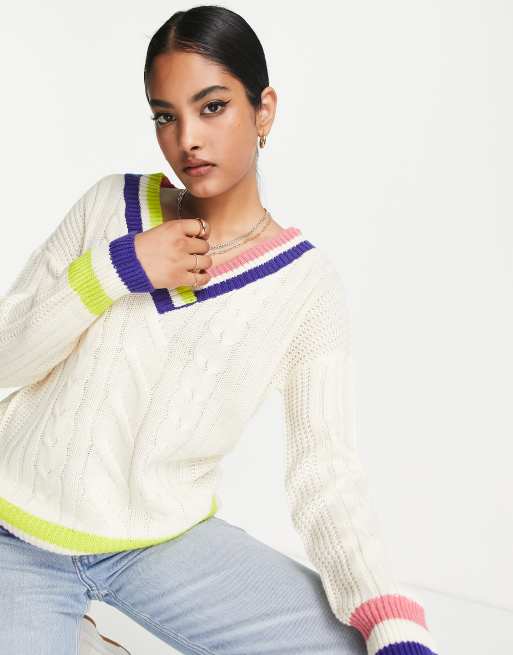 Brave Soul mugo v-neck sweater with contrast trim in ivory