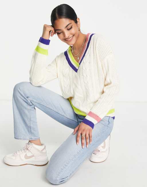 Brave Soul mugo v-neck sweater with contrast trim in ivory ASOS