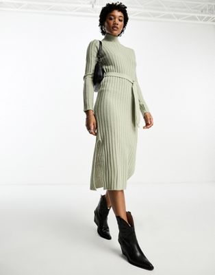 Brave Soul murphy long sleeve ribbed midi belted midi dress in sage