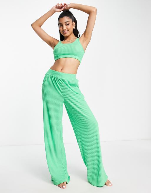 Brave Soul - Nancy - Loungeset van crop top met vierkante hals en broek met wijde pijpen in felgroen