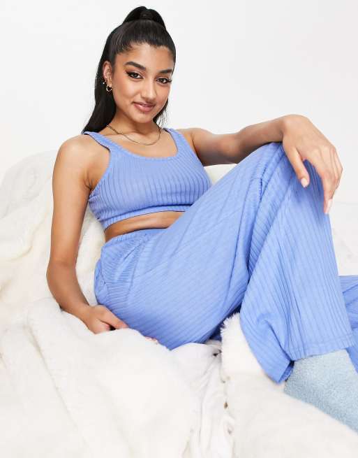 Ribbed Loungewear Flared Pants Blue