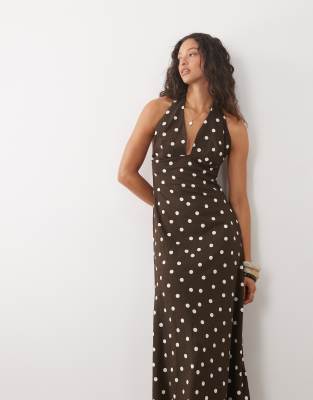 Neckholder-Midikleid in Braun mit großem Punktemuster in Weiß Braun L