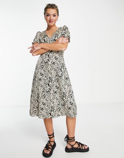 Brave Soul Neyo midi dress in beige animal print