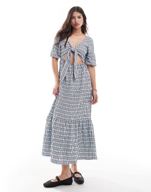 Brave Soul – Niebieska sukienka maxi z kory w kratkę vichy