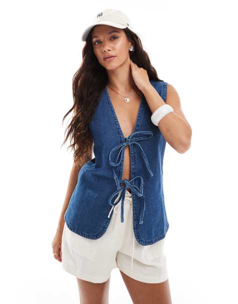 Brave Soul longline cotton denim waistcoat with tie front in blue