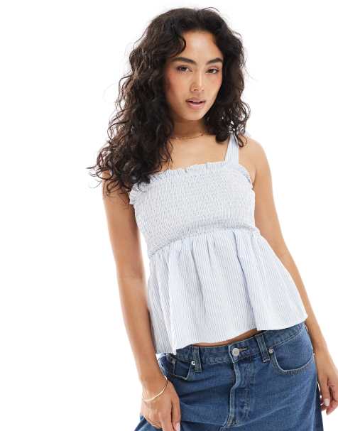 Brave Soul cotton mix strappy cami top with shirring in blue and white stripe