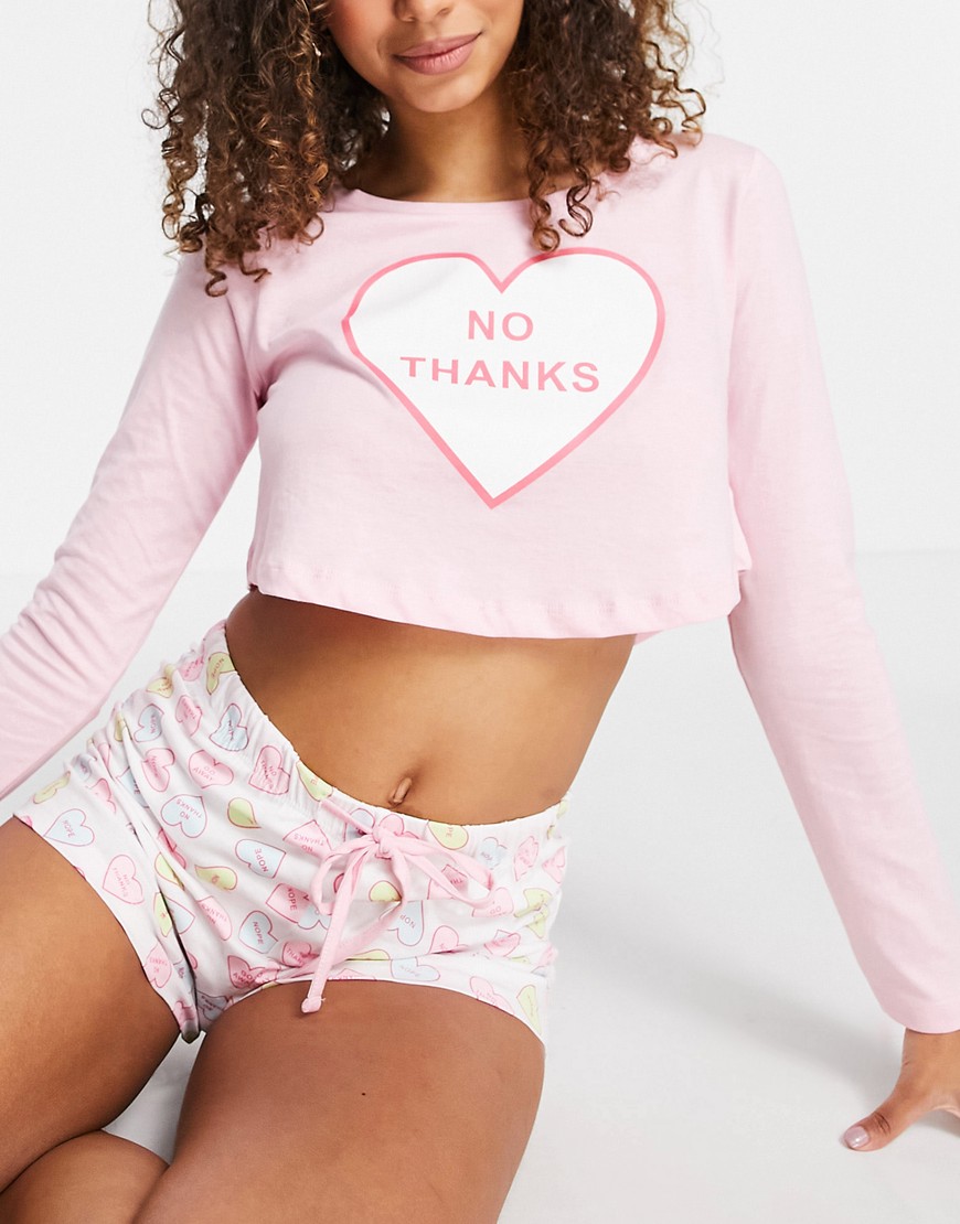 Brave Soul 'No Thanks' print pajama set in pink