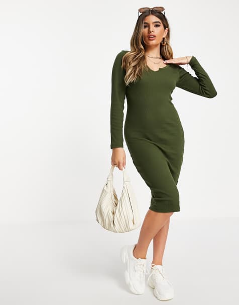 Brave Soul notch neck long sleeve dress in khaki - view 1